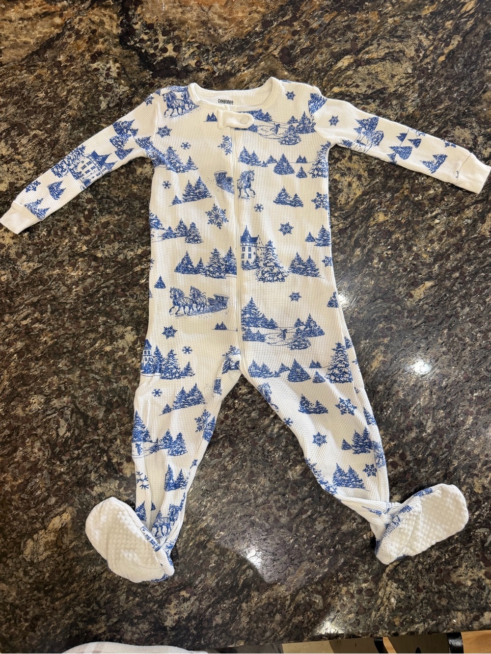 Gymboree White and Blue Holiday Scene Footed One-Piece